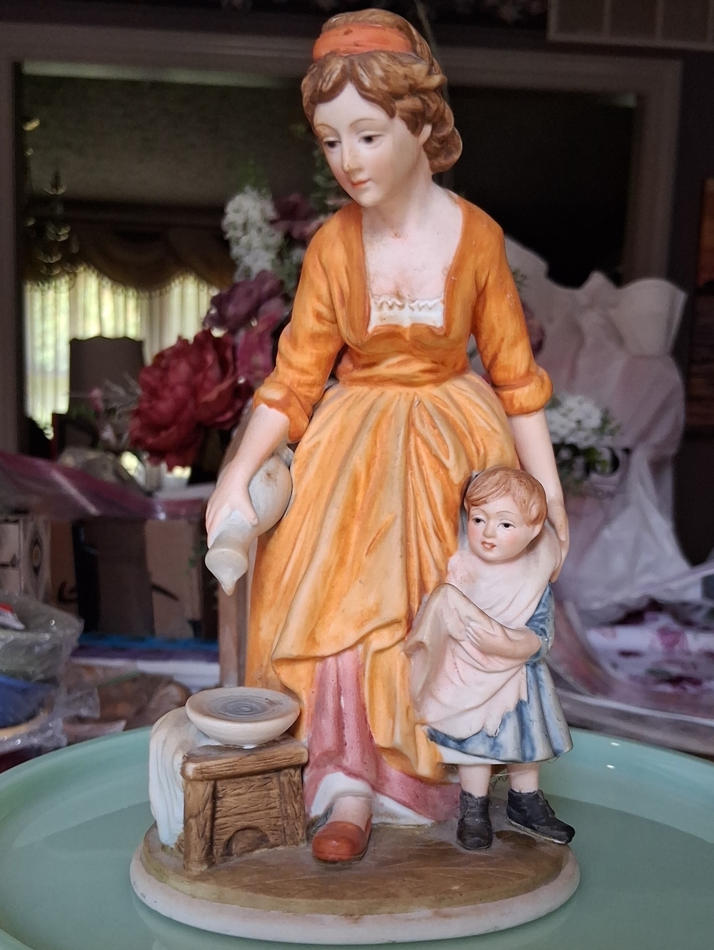 Vintage Lefton China Woman With Child Doing Laundry Figurine KW 1460